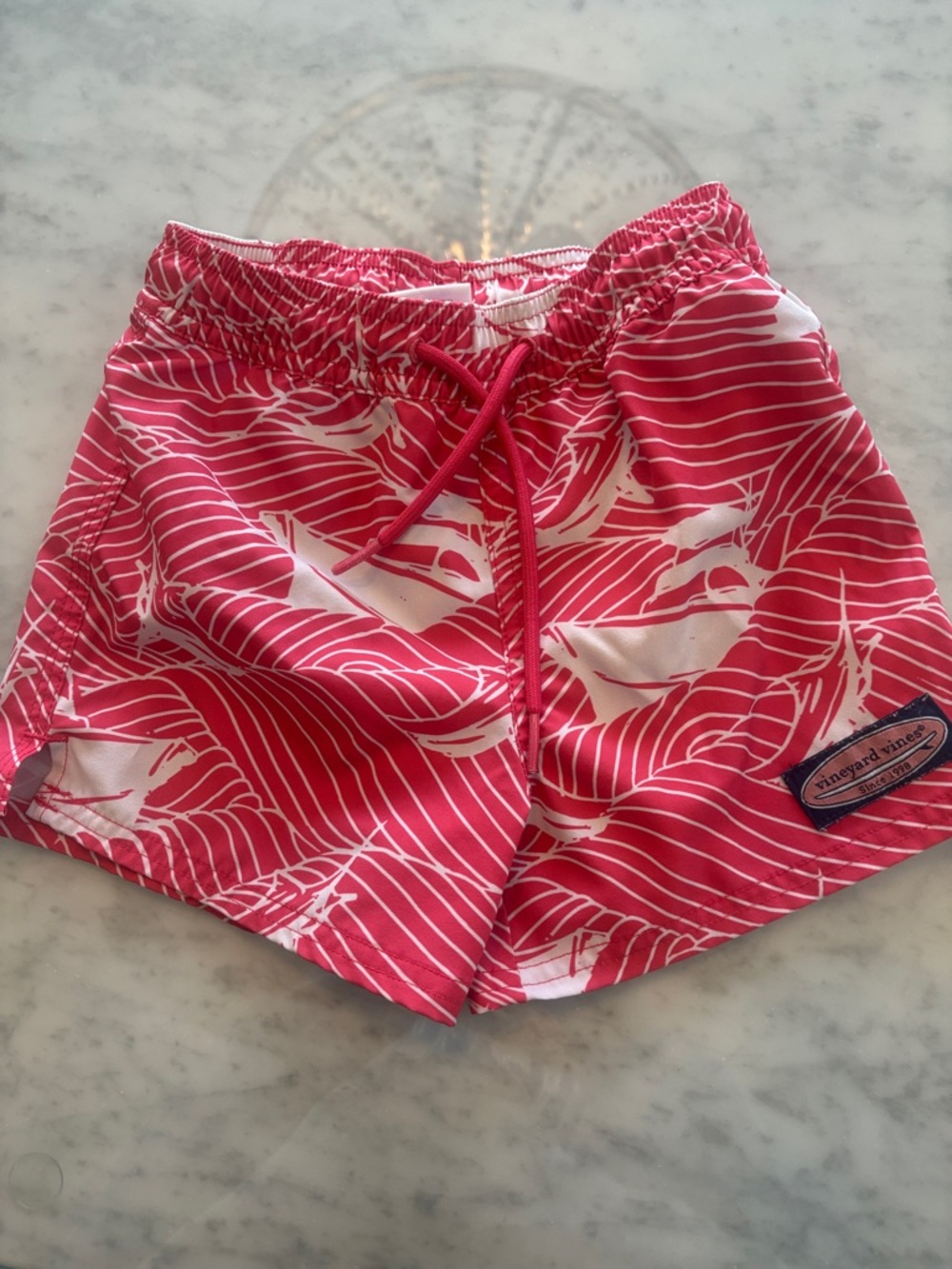 Vineyard Vines Salmon & White Wave Pattern Kids Swim Trunks